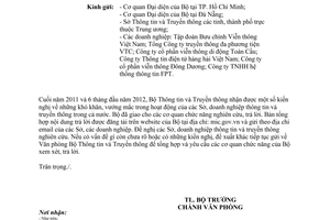 Công văn 1579/BTTTT-VP trả lời kiến nghị của Sở  doanh nghiệp ngành Thông tin