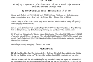 Quyết định 691/QĐ-LĐTBXH năm 2012 nội dung định mức chi tiêu đặc thù Quỹ Bảo trợ trẻ em Việt Nam