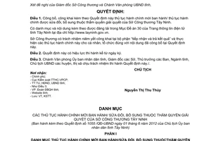 Quyết định 1055/QĐ-UBND thủ tục hành chính thuộc thẩm quyền giải quyết sở công thương Tây Ninh 2012