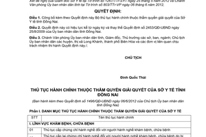 Quyết định 1496/QĐ-UBND năm 2012 công bố Bộ thủ tục hành chính thuộc thẩm quyền