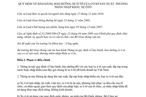 Thông tư 19/2012/TT-BGTVT bảo hành bảo dưỡng xe ô tô của cơ sở sản xuất ô tô