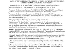 Circular No. 19/2012/TT-NHNN on amending and supplementing a number of articles