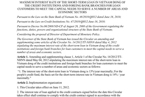 Circular No, 20/2012/TT-NHNN amendment and supplementation of a number of Articl