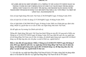 Thông tư 20/2012/TT-NHNN sửa đổi Thông tư 14/2012/TT-NHNN quy định lãi suất