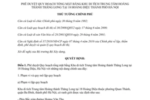 Quyết định 696/QĐ-TTg năm 2012 Quy hoạch tổng mặt bằng Khu di tích Trung tâm