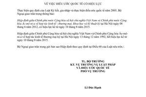 Thông báo 41/2015/TB-LPQT hiệu lực Hiệp định hợp tác kinh tế thương mại khoa học Việt Nam Ácmênia