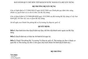 Quyết định 544/QĐ-BXD năm 2012 Quy chế đón tiếp khách nước ngoài