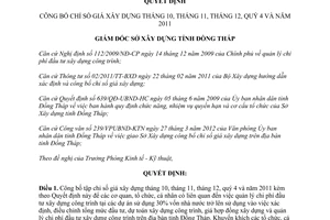 Quyết định 30/QĐ-SXD 2012 công bố chỉ số giá xây dựng tháng 10 11 12 quý 4 năm 2011 Đồng Tháp
