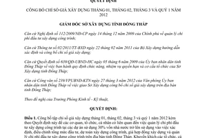 Quyết định 29/QĐ-SXD 2012 công bố chỉ số giá xây dựng quý 1 Đồng Tháp