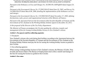 Circular No. 97/2012/TT-BTC of June 18, 2012, guiding the collection, transfer and management of fees for issuing working holiday licenses to New Zealand’s citizens