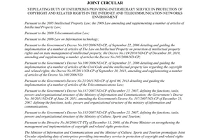 Joint circular No. 07/2012/TTLT-BTTTT-BVHTTDL stipulating duty of enterprises