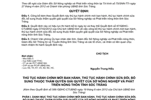 Quyết định 589/QĐHC-CTUBND thủ tục hành chính thuộc thẩm quyền sở nông nghiệp Sóc Trăng 2012