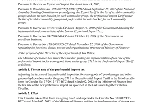 Circular No. 100/2012/TT-BTC guiding the tax rates of the preferential import