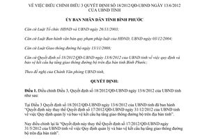 Quyết định số 19/2012/QĐ-UBND điều chỉnh Quyết định 18/2012/QĐ-UBND Bình Phước
