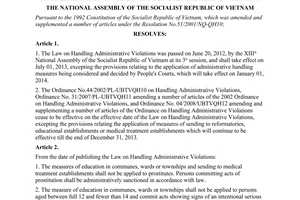 Resolution No. 24/2012/QH13 on implementation of the law handling administrative