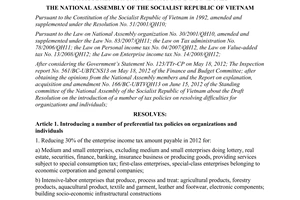 Resolution No. 29/2012/QH13 introducing a number of tax policies in order