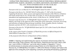 Decision No. 3511/QĐ-BCT on supplementation of the zoning plan and of the explor