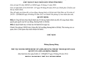 Quyết định 1499/QĐ-CT 2012 thủ tục hành chính Sở Lao động Vĩnh Phúc