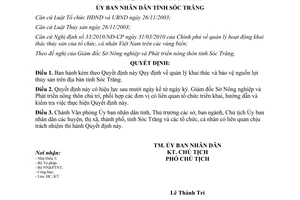 Quyết định 33/2012/QĐ-UBN quản lý khai thác bảo vệ nguồn lợi thủy sản Sóc Trăng