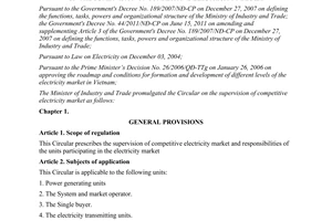 Circular No. 18/2012/TT-BCT on the supervision of competitive electricity market