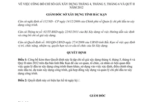 Quyết định 446/QĐ-SXD chỉ số giá xây dựng tháng 4 tháng 5 tháng 6 Quý II Bắc Kạn 2012