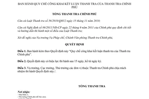 Quyết định 1885/QĐ-TTCP Quy chế công khai kết luận thanh tra của Thanh tra chính phủ