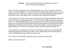 Công văn 1081/ATTP-ĐKCN kiểm tra thực phẩm nhập khẩu từ Nhật Bản