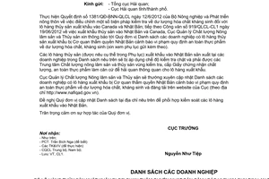 Công văn 1075/QLCL-CL1 danh sách doanh nghiệp xuất khẩu vào Nhật Bản