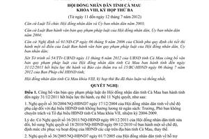 Nghị quyết 08 /NQ-HĐND 2012 công bố văn bản hết hiệu lực Cà Mau