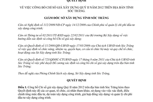 Quyết định 25/QĐ-SXD năm 2012 công bố chỉ số giá xây dựng quý II Sóc Trăng