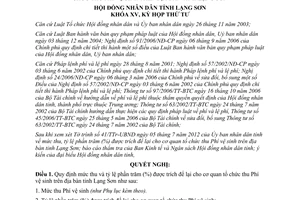 Nghị quyết 75/2012/NQ-HĐND mức thu tỷ lệ phần trăm được trích để lại