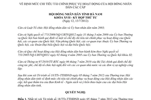 Nghị quyết 06/2012/NQ-HĐND định mức chi tiêu tài chính phục vụ hoạt động HĐND