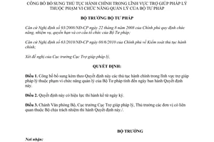 Quyết định 1997/QĐ-BTP năm 2012 thủ tục hành chính sửa đổi trợ giúp pháp lý quản lý Bộ Tư pháp