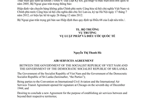 Thông báo hiệu lực Hiệp định vận chuyển hàng không giữa Việt Nam Xri Lan-ca