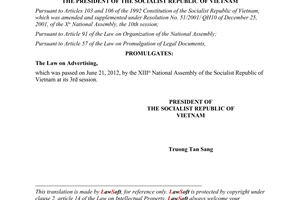Order No. 14/2012/L-CTN on the promulgation the Law on Advertising