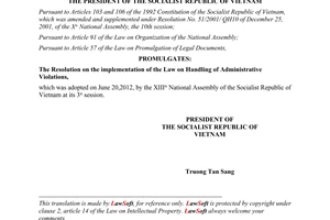 Order No. 17/2012/L-CTN on the promulgation the Resolution on the implementation