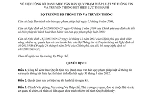 Quyết định 1186/QĐ-BTTTT năm 2012 công bố Danh mục văn bản quy phạm pháp luật