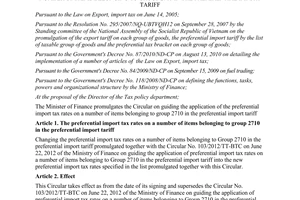 Circular No. 109/2012/TT-BTC guiding the application of the preferential import