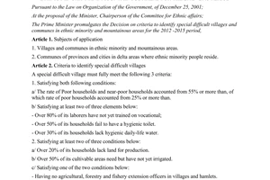 Decision No. 30/2012/QD-TTg on criteria to identify special difficult villages