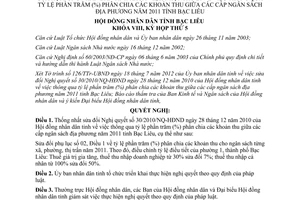 Nghị quyết 06/2012/NQ-HĐND tỷ lệ phân chia các khoản thu ngân sách Bạc Liêu