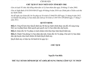 Quyết định 1351/QĐ-UBND năm 2012 thủ tục sửa đổi lĩnh vực tư pháp Bến Tre