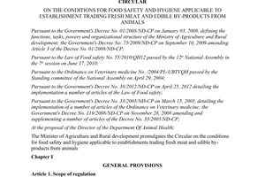 Circular No. 33/2012/TT-BNNPTNT on the conditions for food safety and hygiene