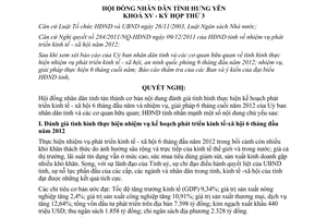 Nghị quyết 01/2012/NQ-HĐND nhiệm vụ phát triển kinh tế xã hội Hưng Yên