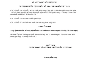 Lệnh công bố Pháp lệnh ưu đãi người có công với cách mạng sửa đổi 2012