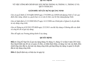 Quyết định 1424/QĐ-SXD 2012 Công bố Chỉ số giá xây dựng tháng 10, 11, 12 Quý 4 2011 Quảng Ninh