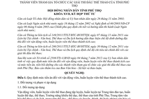 Nghị quyết 12/2012/NQ-HĐND quy định mức tiền ăn đối với vận động huấn luyện viên