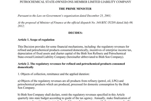 Decision No. 952/QD-TTg 2012 financial mechanisms of the Binh Son Company