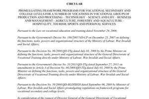 Circular 16/2012/TT-BLDTBXH promulgating framework programs vocational secondary college levels