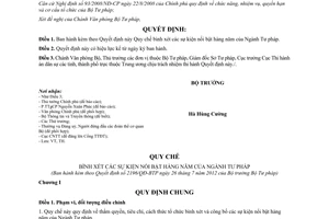Quyết định 2196/QĐ-BTP năm 2012 Quy chế bình xét sự kiện nổi bật hàng năm