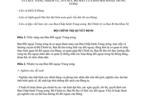 Quyết định 112-QĐ/TW 2012 chức năng nhiệm vụ tổ chức bộ máy của Ban Đối ngoại Trung ương